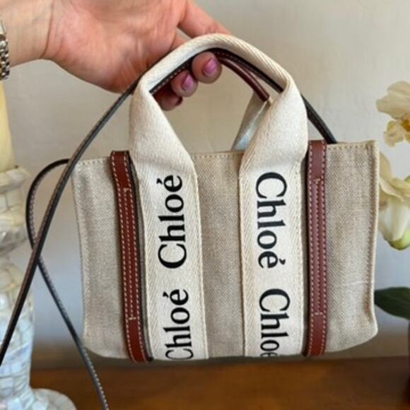 Chloe Mini Woody Tote White & Brown Linen Canvas Pre-Owned | Retail $880 - Picture 5 of 10